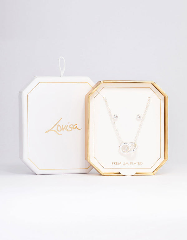 Silver Plated Round Circle Cubic Zirconia Necklace & Earrings Set