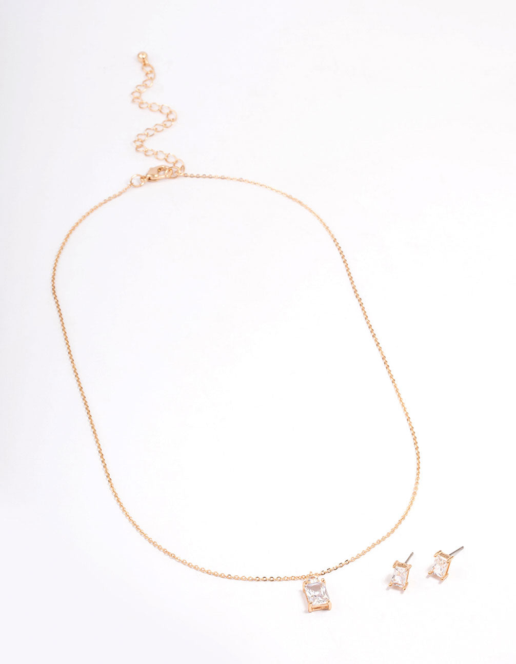 Gold Rectangle Cubic Zirconia Earring & Necklace Set