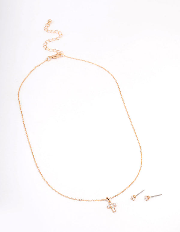 Gold Cubic Zirconia Cross Earring & Necklace Set