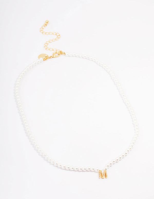 Gold Plated Letter M Initial & Pearl Pendant Necklace