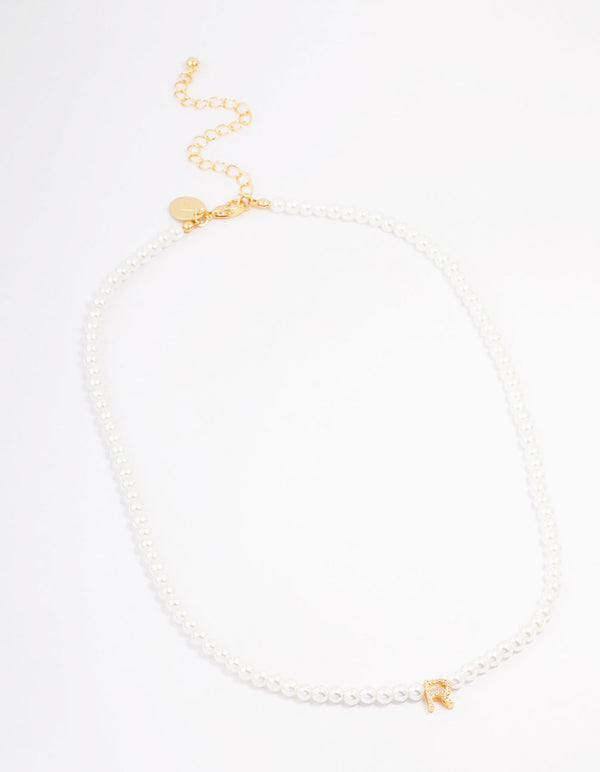Gold Plated Letter R Initial & Pearl Pendant Necklace