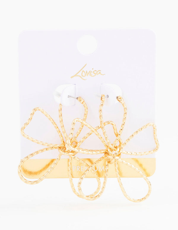 Gold Plated Textured Wire Flower Statement Earrings