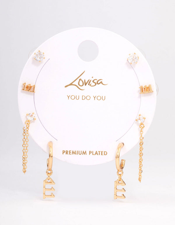 Gold Plated 111 Angel Number Earring Pack