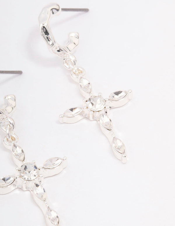 Silver Diamante Cross Huggie Earrings