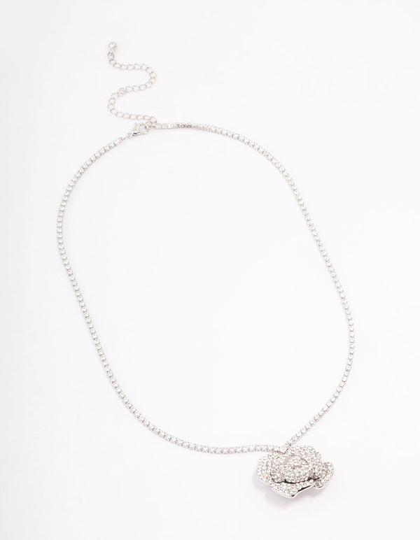 Silver Rose Diamante Pendant Necklace