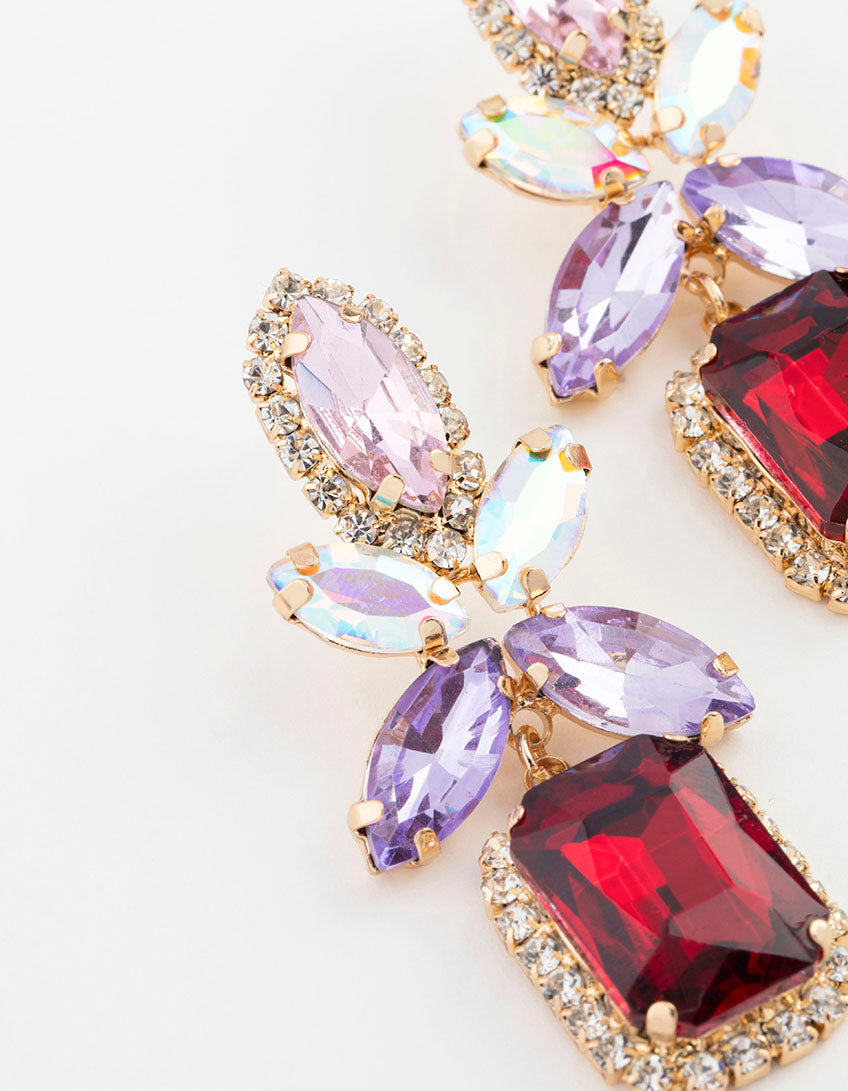 Gold Mixed Oval Stone Square Drop Earrings