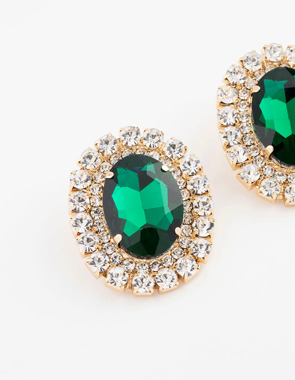 Gold Luxe Oval Emerald Halo Stud Earrings