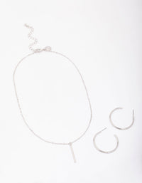 Silver Slim Stick Necklace & Earrings Jewellery Set - link has visual effect only
