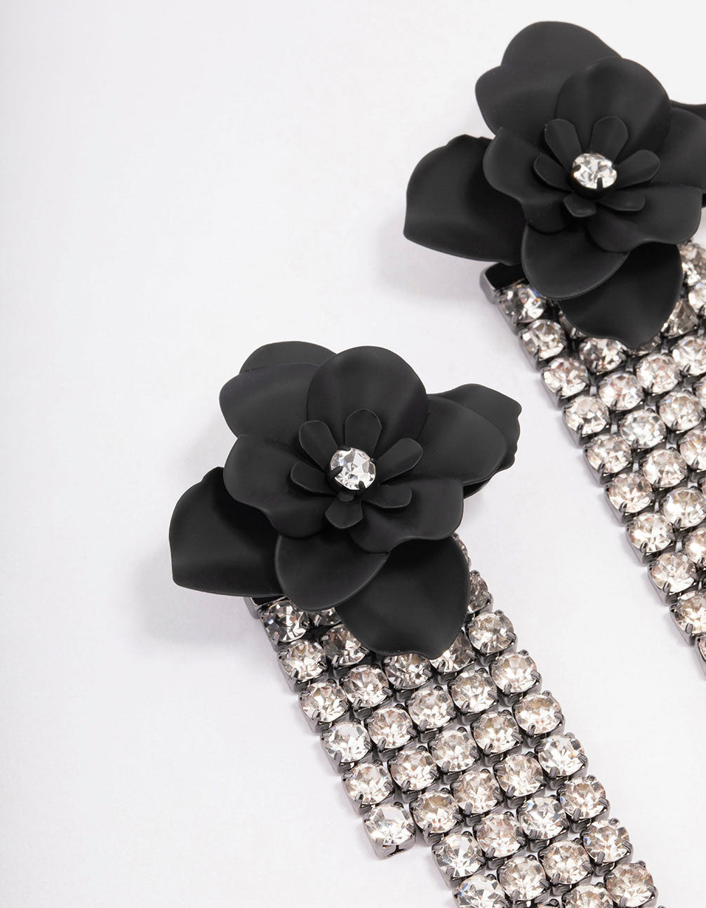 Black Flower Diamante Cup Chain Drop Earrings