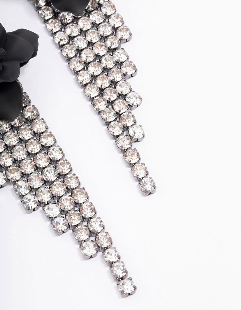 Black Flower Diamante Cup Chain Drop Earrings
