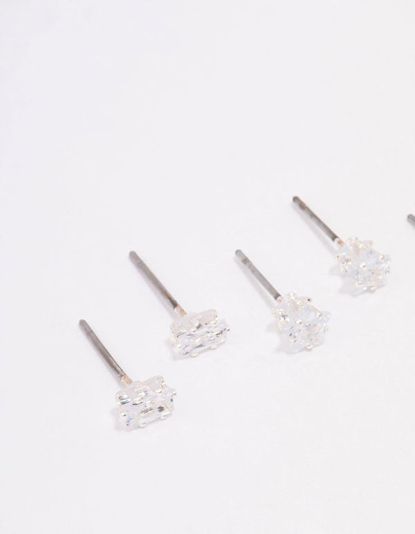 Silver Cubic Zirconia Mixed Shape Stud Earrings 3-Pack