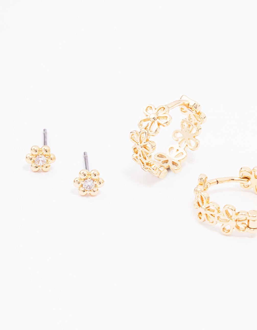 Gold Cubic Zirconia Mixed Flower Earring 3-Pack