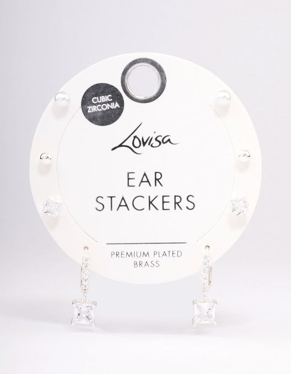 Silver Plated Brass  Princess Huggie Earring 4-Pack