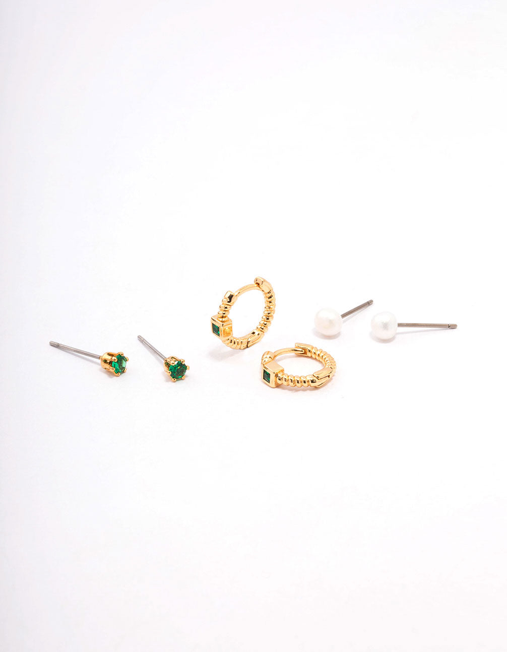 Gold Plated Brass Cubic Zirconia Huggie Pearl Earring 3-Pack