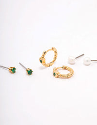 Gold Plated Brass Cubic Zirconia Huggie Pearl Earring 3-Pack - link has visual effect only