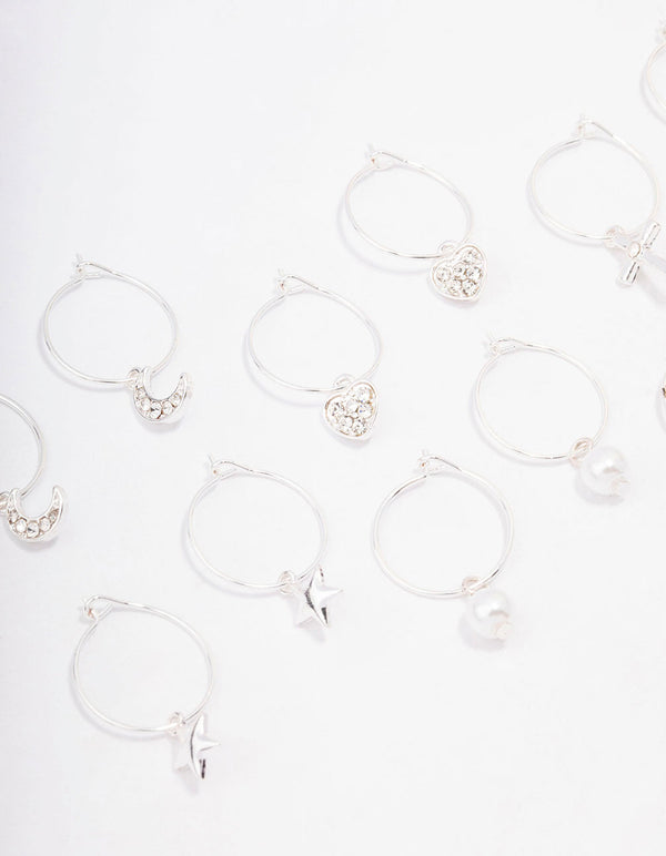 Silver Crystal Heart Wire Hoop Earring 6-Pack
