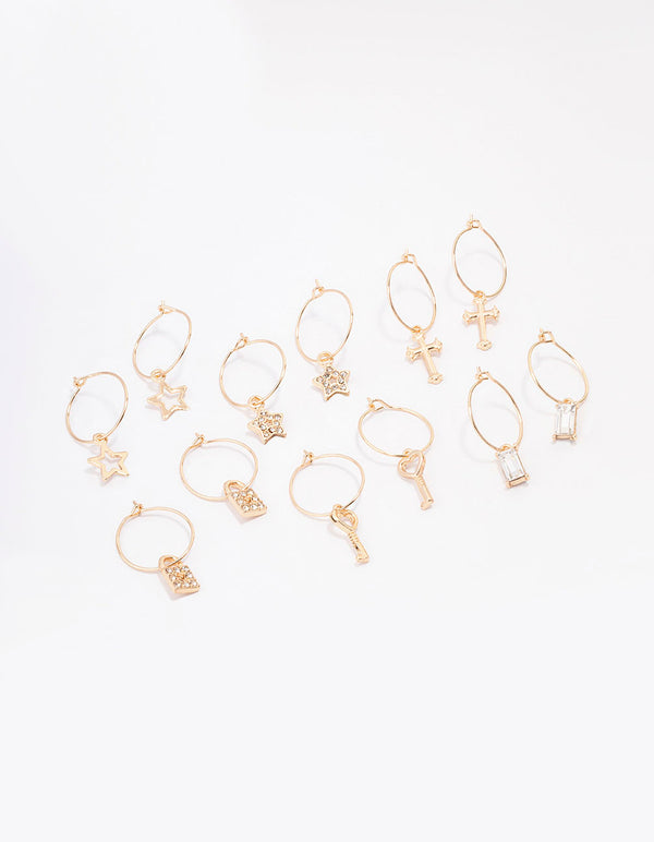 Gold Crystal Star Wire Hoop Earring 6-Pack