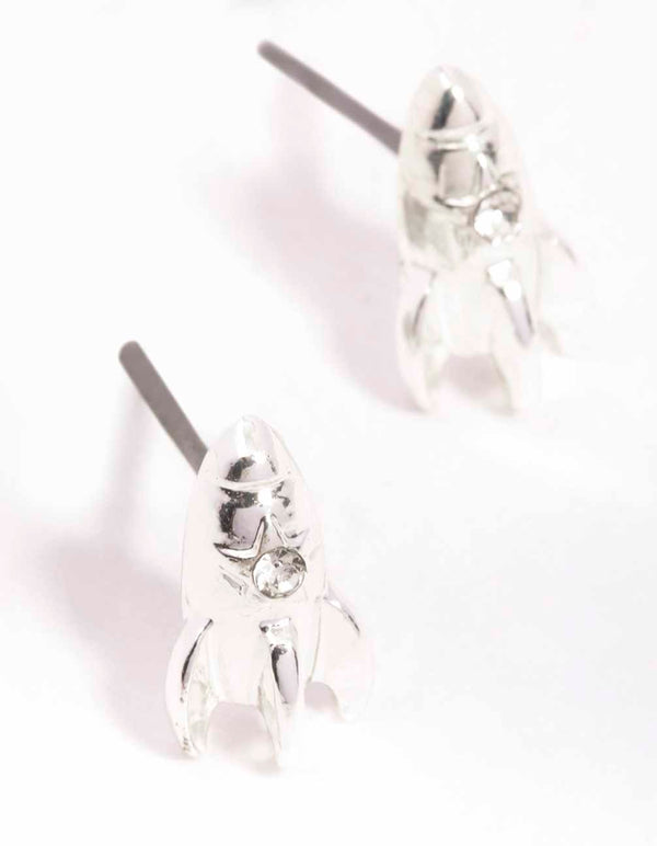 Silver Rocket Ship Stud Earrings