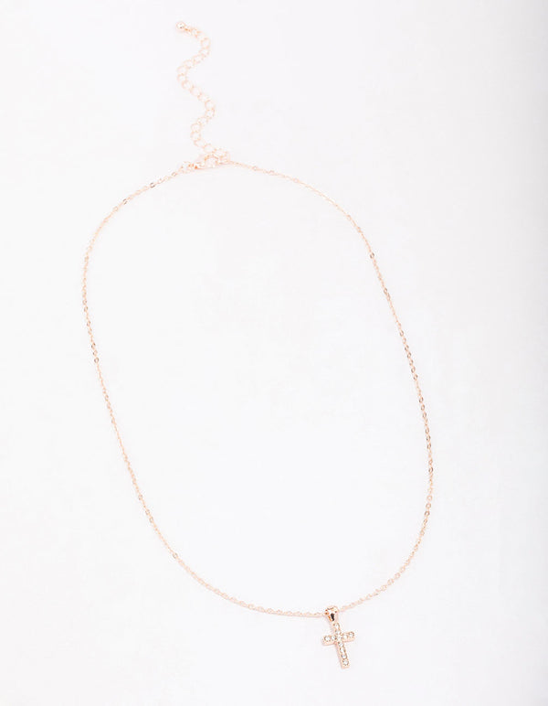 Rose Gold Diamante Cross Short Necklace