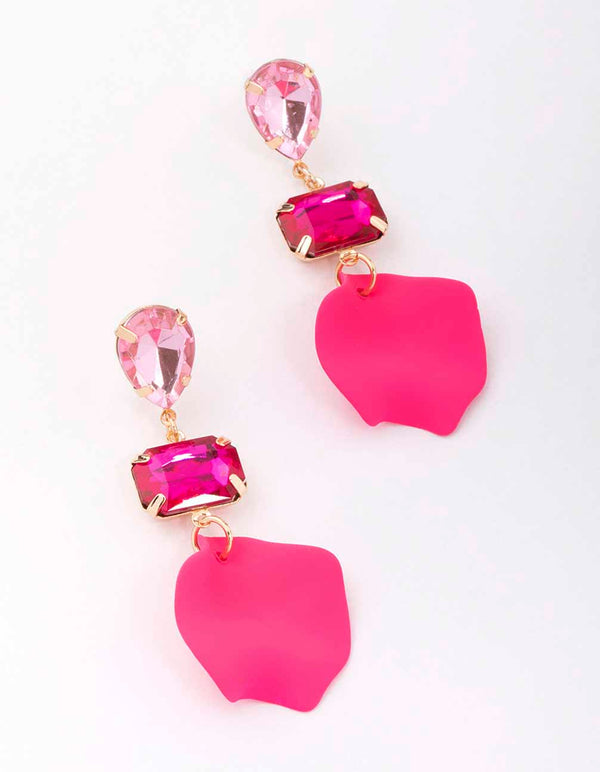 Pink Pear & Rectangle Diamante Petal Drop Earrings