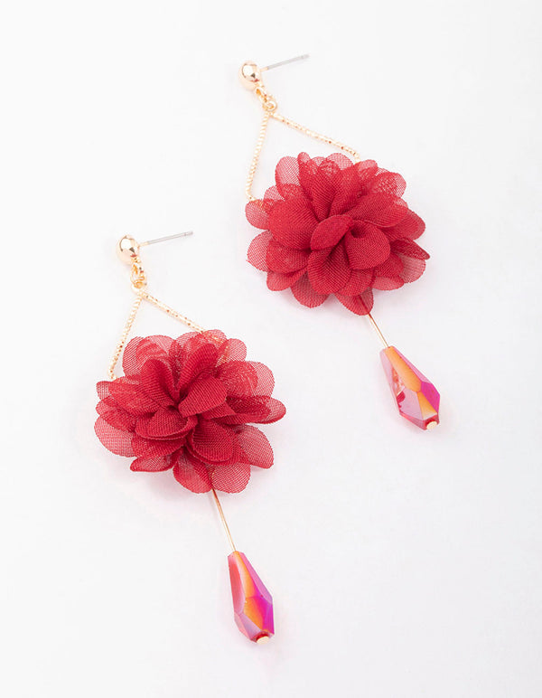 Red Fabric & Beaded Flower Drop Earrings Lovisa