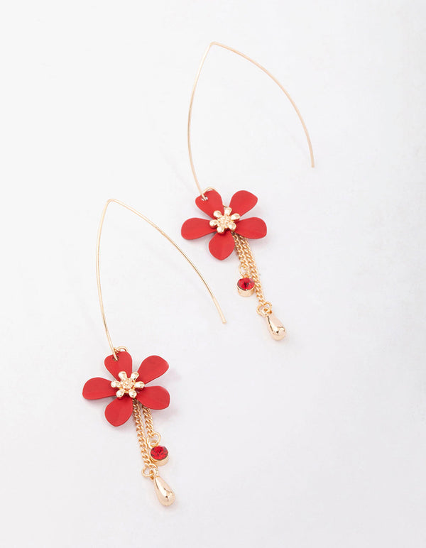 Red Thread Through Flower & Diamante Drop Earrings