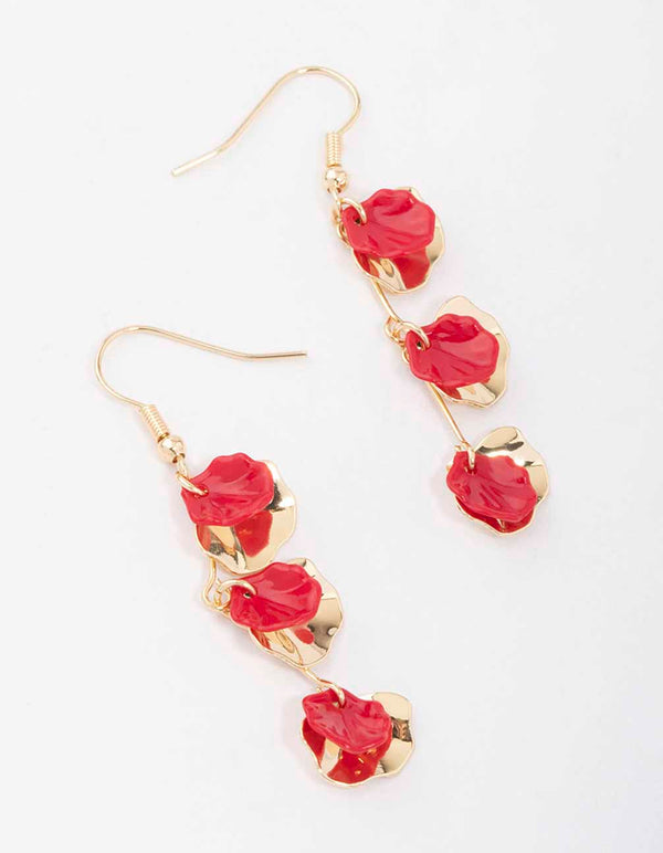 Gold Double Layered Red Petal Drop Earrings