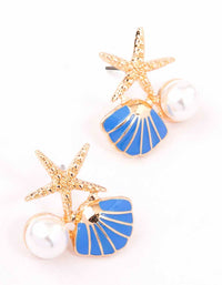 Gold & Blue Starfish Pearl Cluster Stud Earrings - link has visual effect only