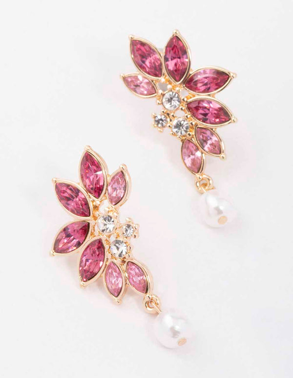 Gold & Pink Diamante Marquise Pearl Stud Earrings