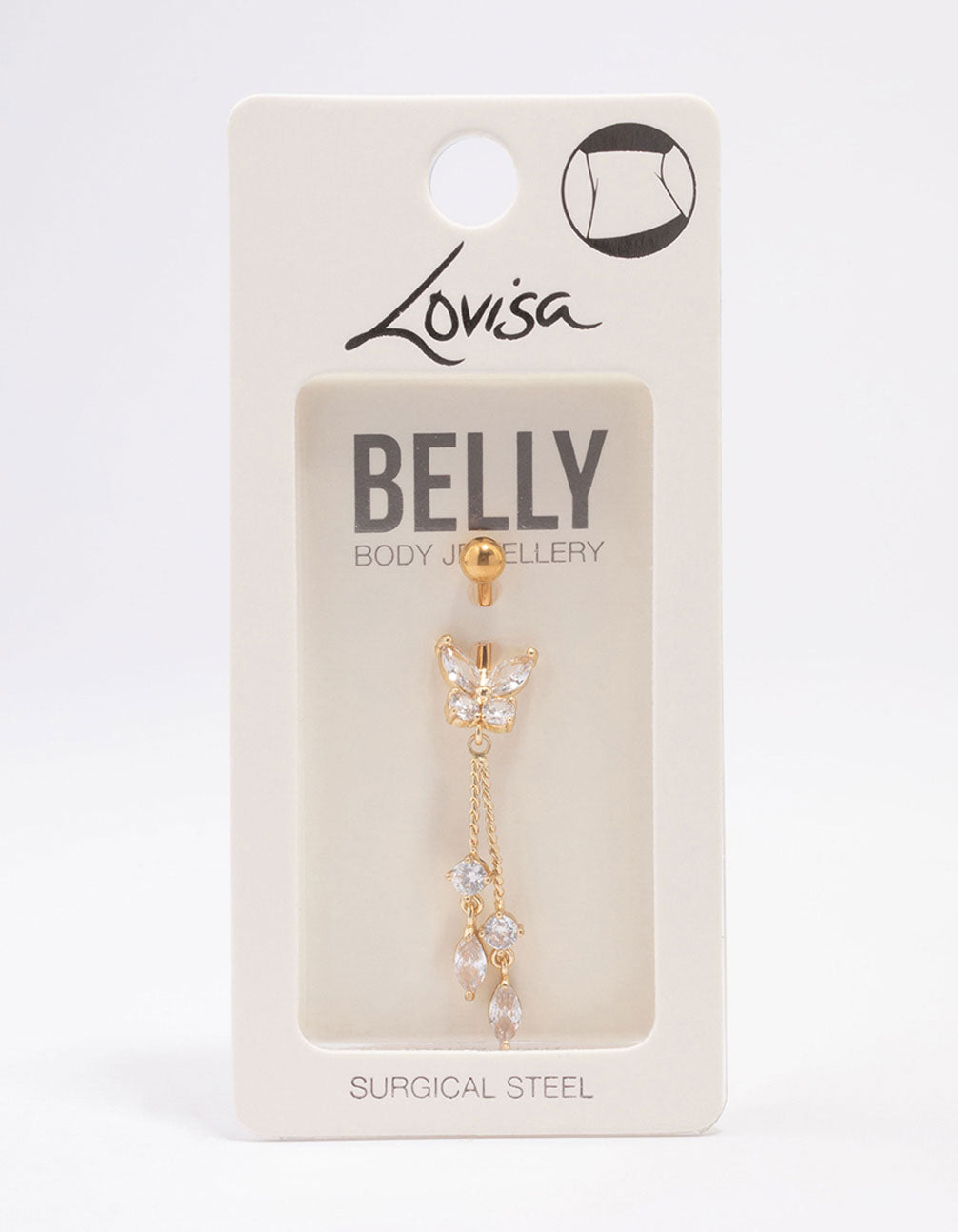 Gold Plated Surgical Steel Butterfly Cubic Zirconia Chain Belly Ring