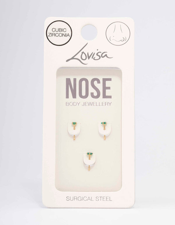 Gold Plated Surgical Steel Emerald Triangular Nose Piercing 3-Pack