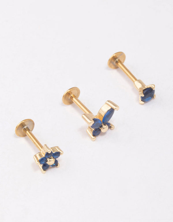 Gold Plated Surgical Steel Butterfly & Flower Flat Back 3-Pack