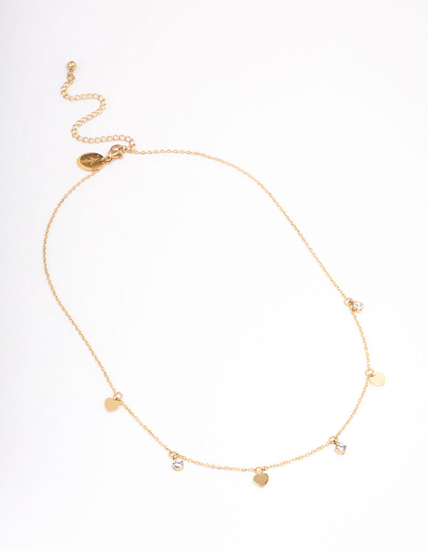 Gold Plated Stainless Steel Diamante & Heart Necklace