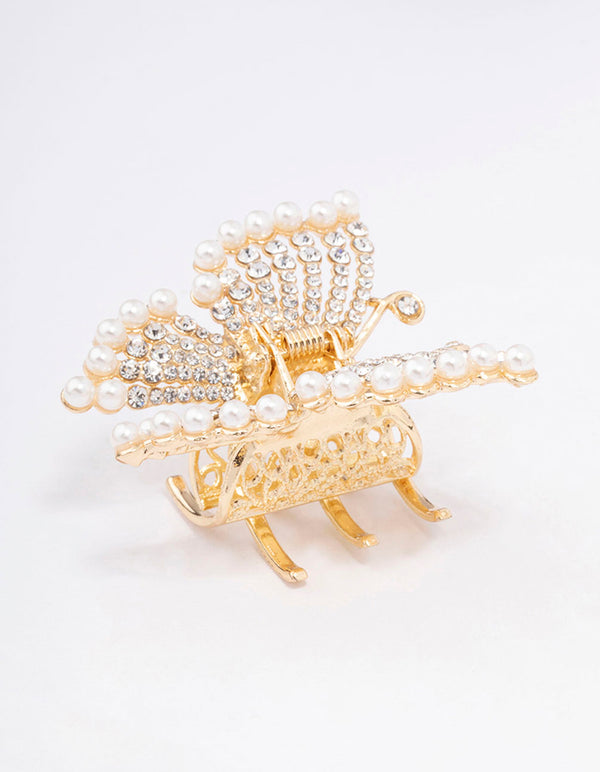 Gold Diamante Pearl Butterfly Hair Claw Clip