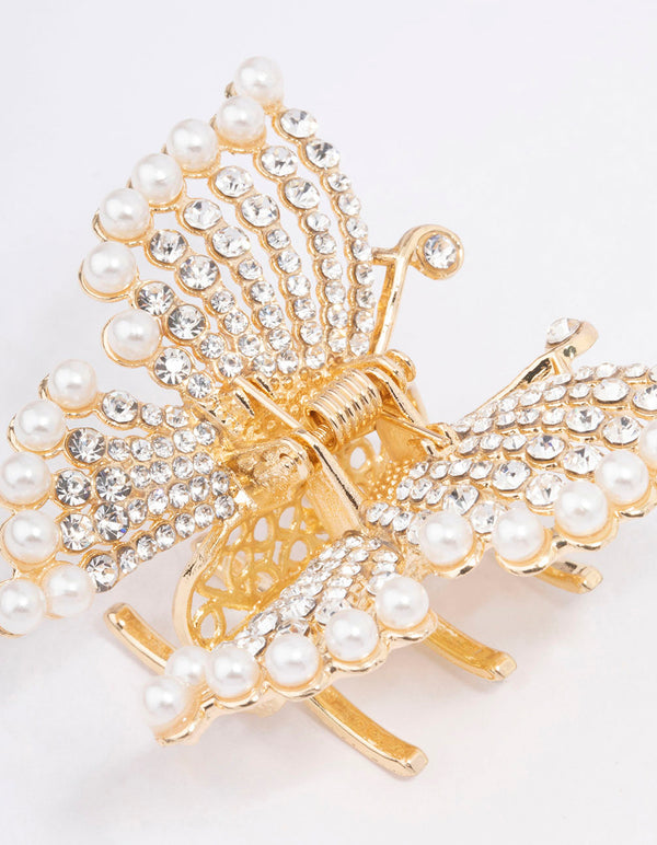 Gold Diamante Pearl Butterfly Hair Claw Clip