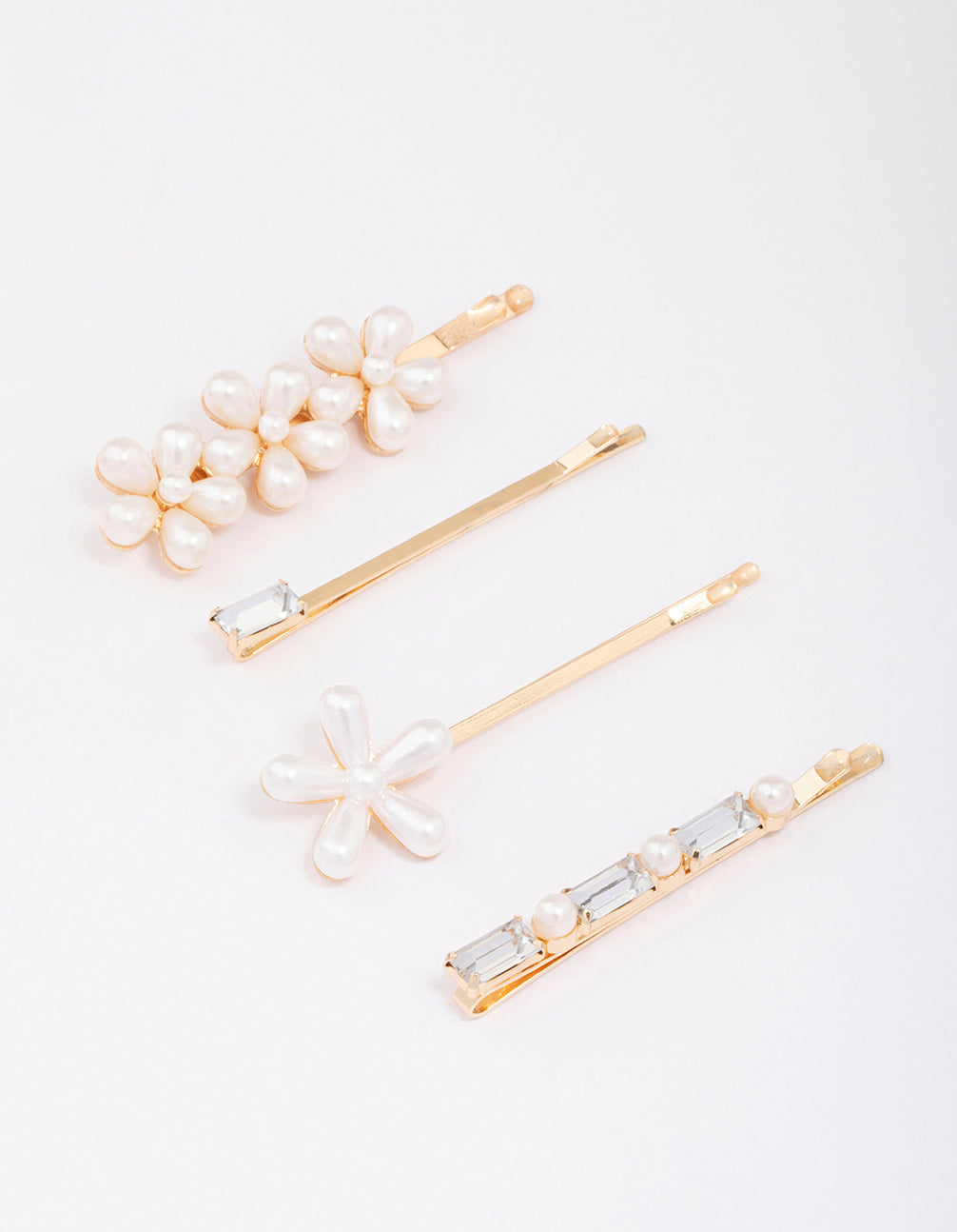 Gold Pearl Diamante Flower Hair Clip 4-Pack