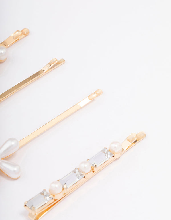 Gold Pearl Diamante Flower Hair Clip 4-Pack