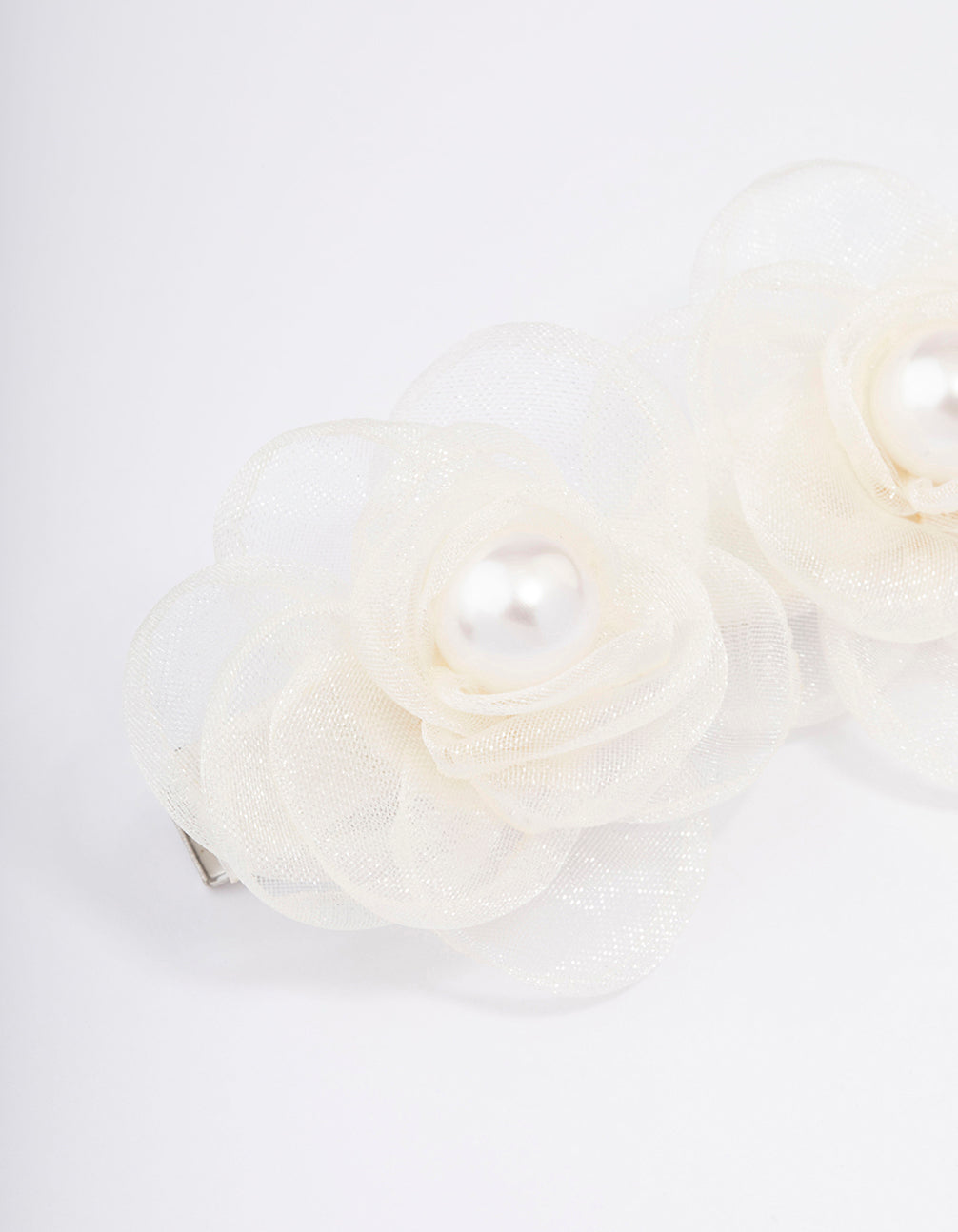 Silver & White Fabric Pearl Flower Hair Clip