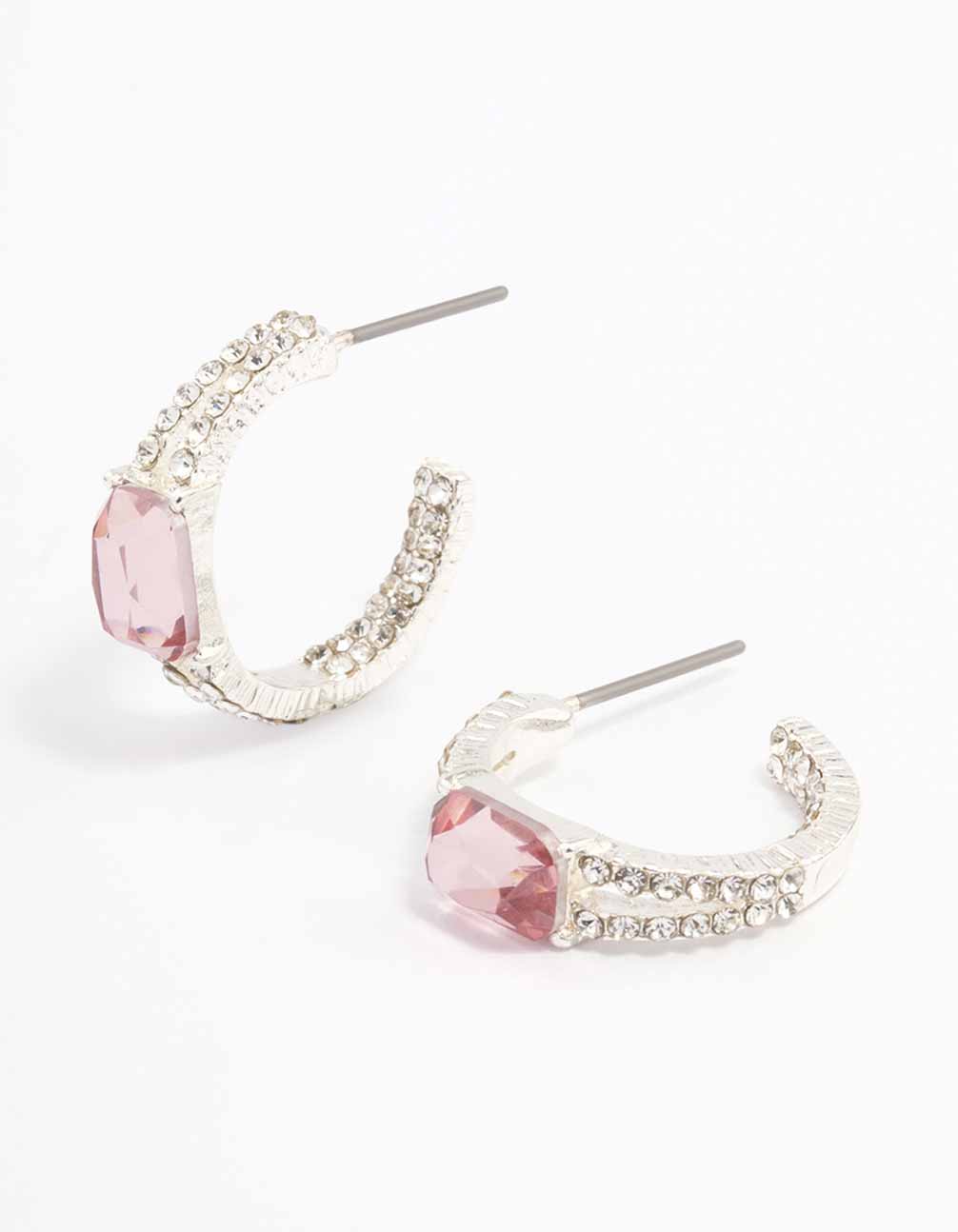 Silver Diamante Band Baguette Hoop Earrings