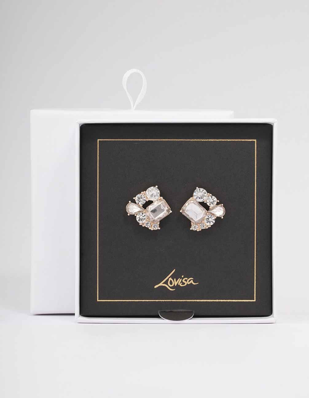 Rose Gold Rectangle Diamante Marquise Stud Earrings