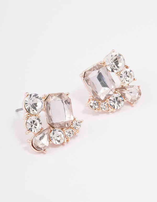 Rose Gold Rectangle Diamante Marquise Stud Earrings