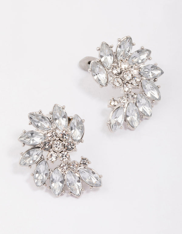 Rhodium Fan Marquise Diamante Stud Earrings