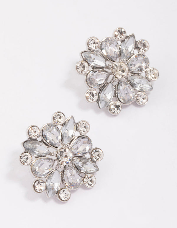 Silver Pear Round Diamante Flower Stud Earrings