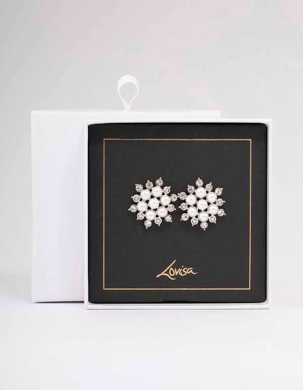 Silver Diamante & Pearl Flower Stud Earrings