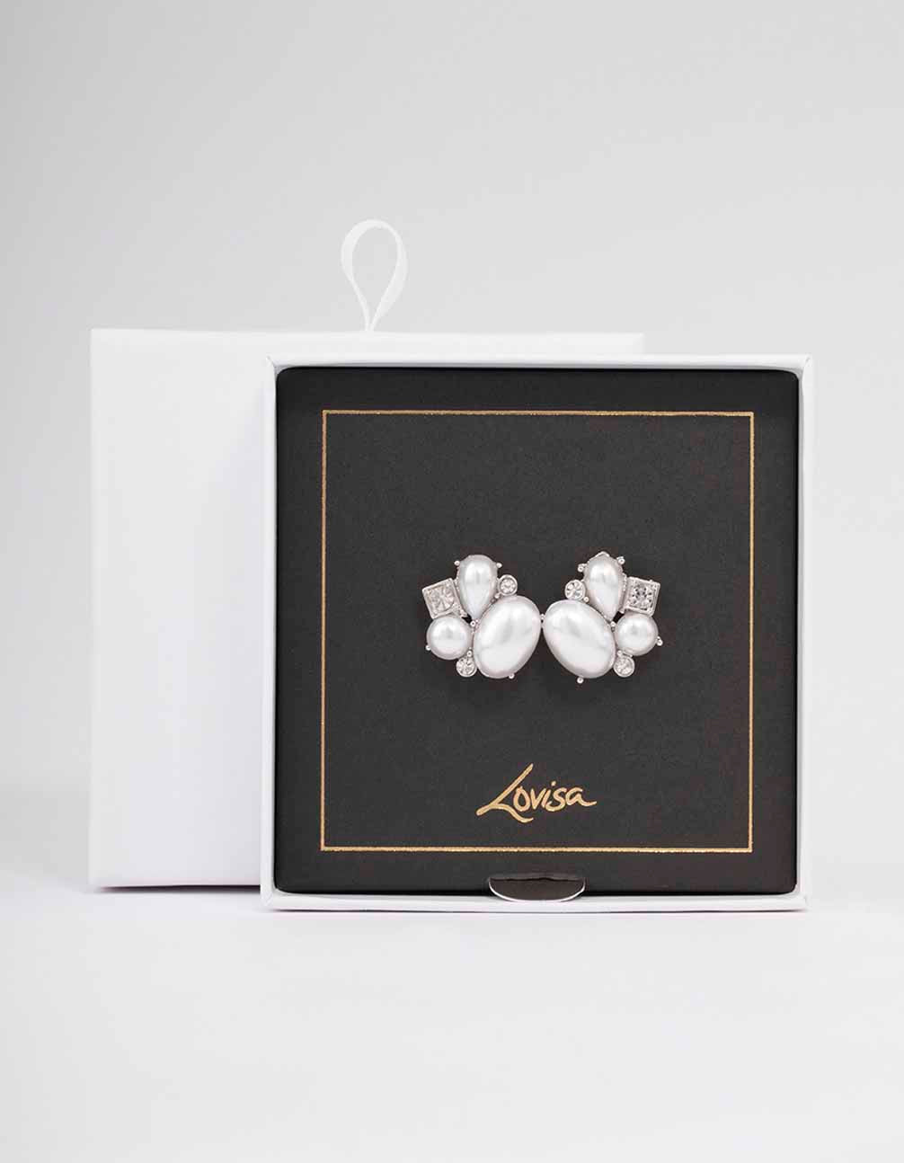 Silver Pearl Diamante Marquise Stud Earrings