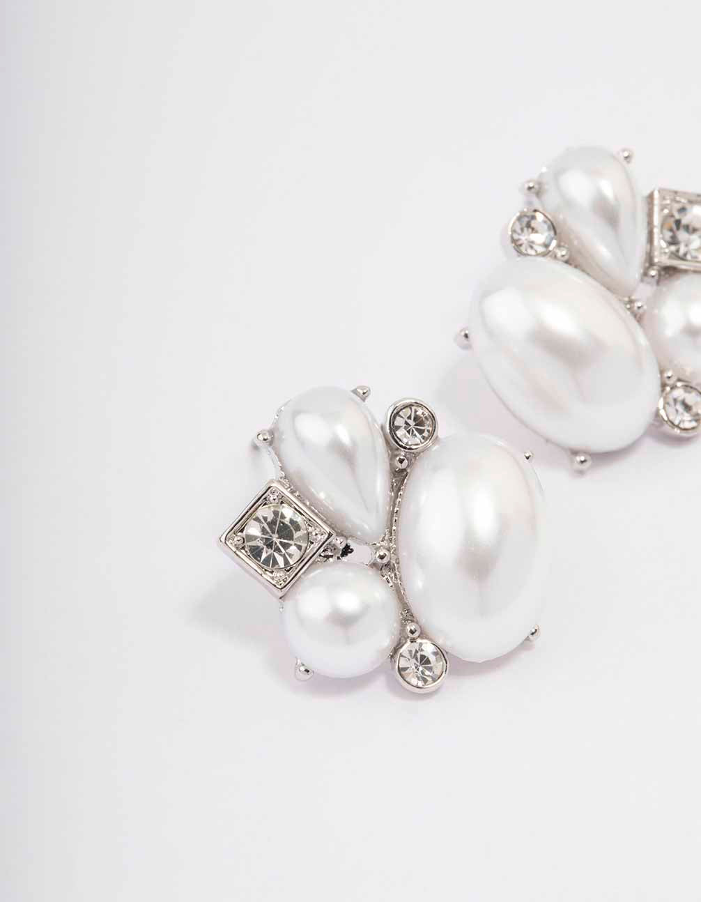 Silver Pearl Diamante Marquise Stud Earrings