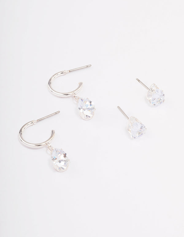 Silver Pear Diamante Stud & Huggie Earring Pack