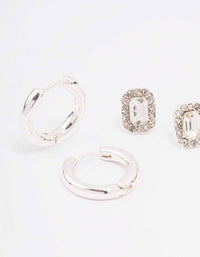 Silver Rectangle Halo Diamante Hoop Earring Pack - link has visual effect only