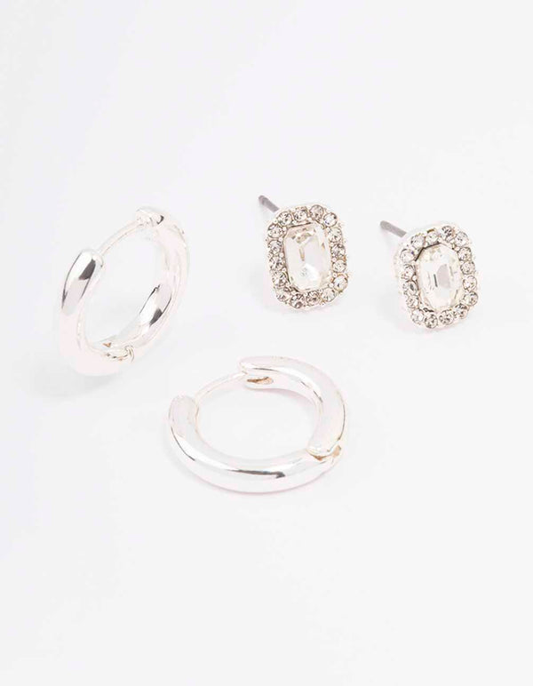 Silver Rectangle Halo Diamante Hoop Earring Pack