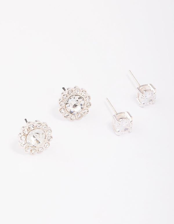 Silver Diamante Flower Stud Earring Pack